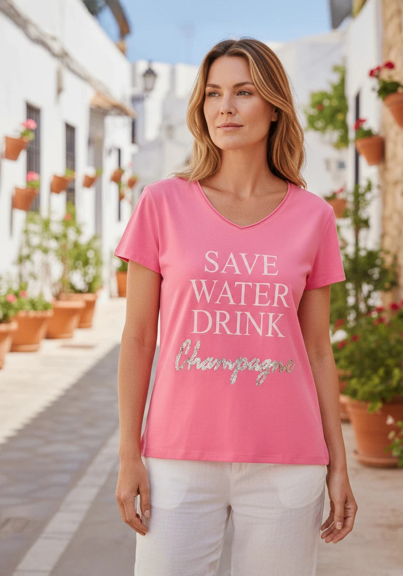 T-Shirt V-Neck Save water drink champagne - flashrose