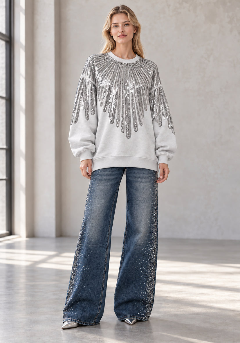 Roundneck Feather Paillette - hellgrau