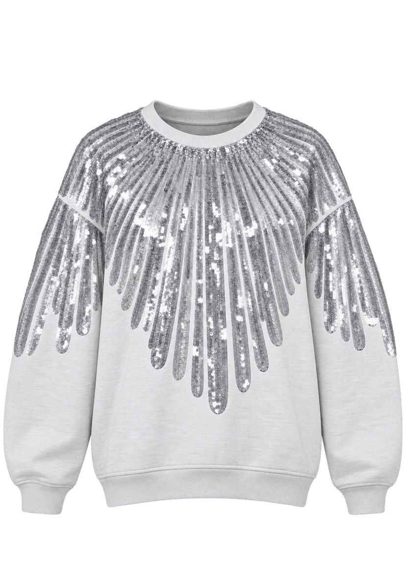 Roundneck Feather Paillette - hellgrau