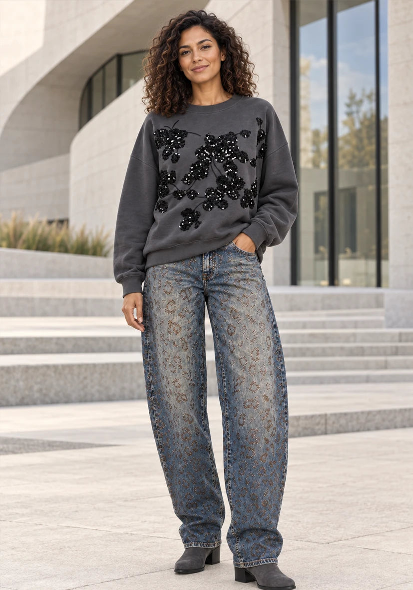Roundneck Floral Paillette Anthrazit