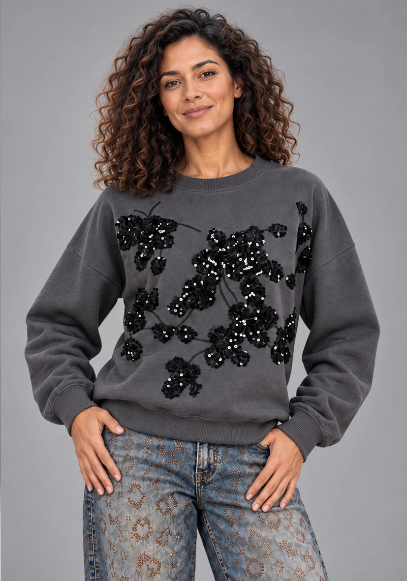 Roundneck Floral Paillette Anthrazit