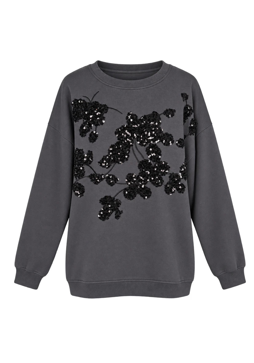 Roundneck Floral Paillette Anthrazit