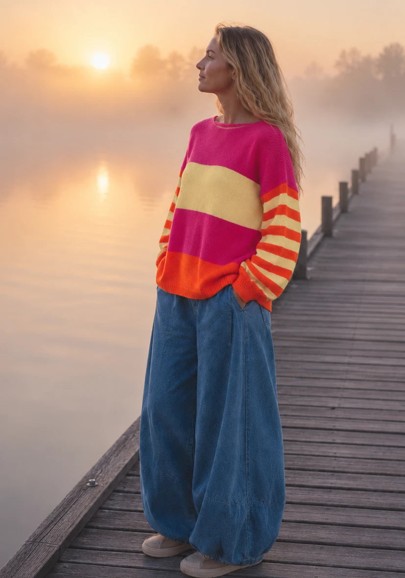 Knit Sweater Striped Sleeves