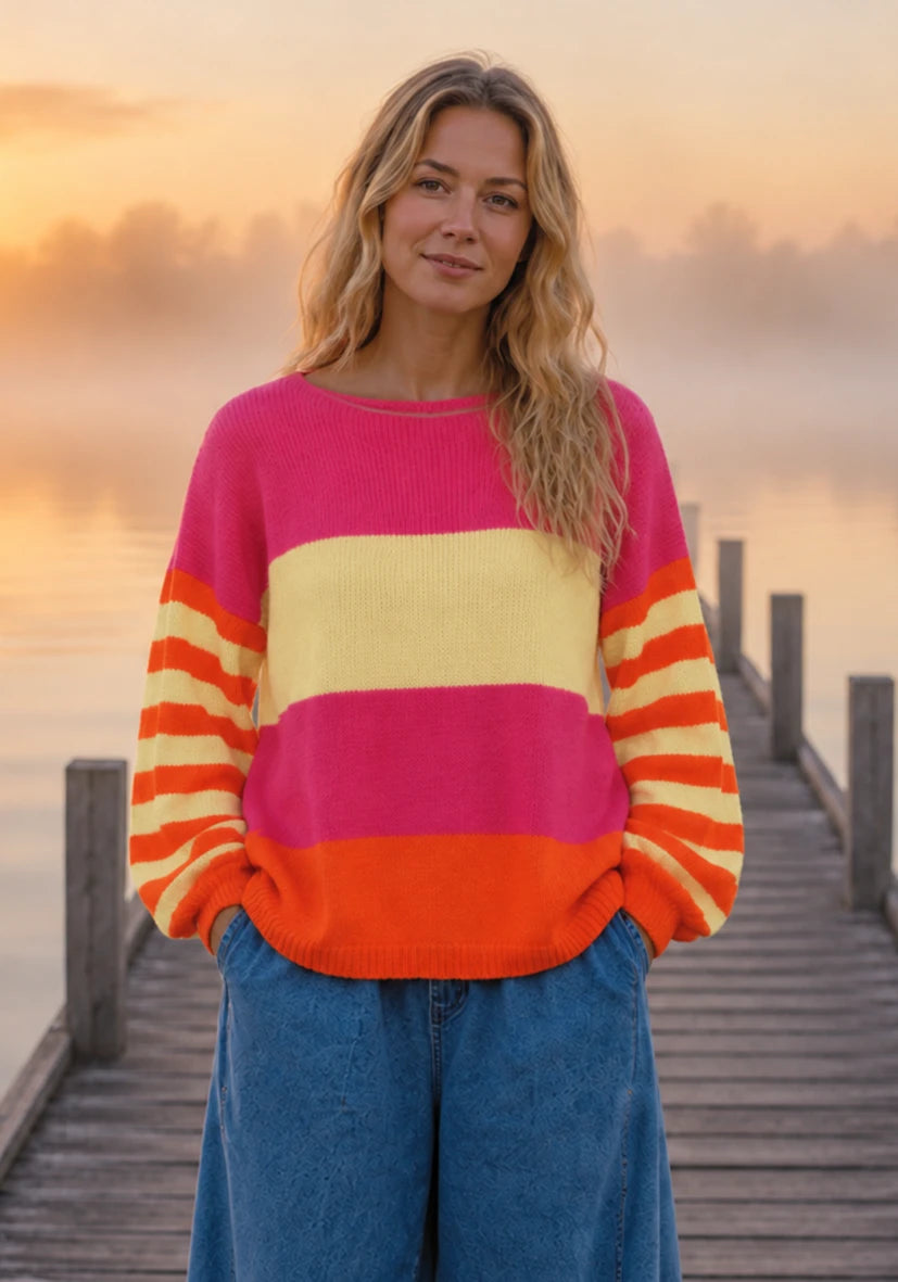Knit Sweater Striped Sleeves