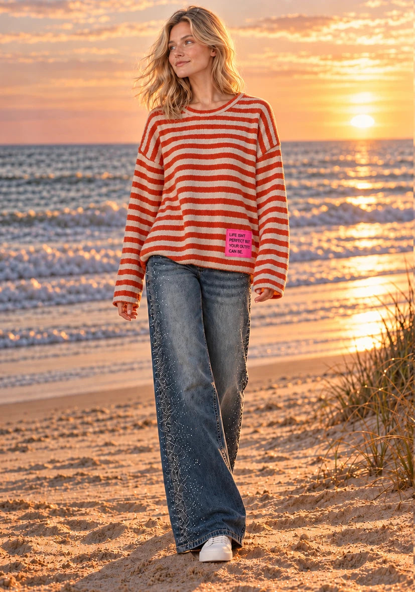 Knit Sweater stripes - Cognac/Taupe