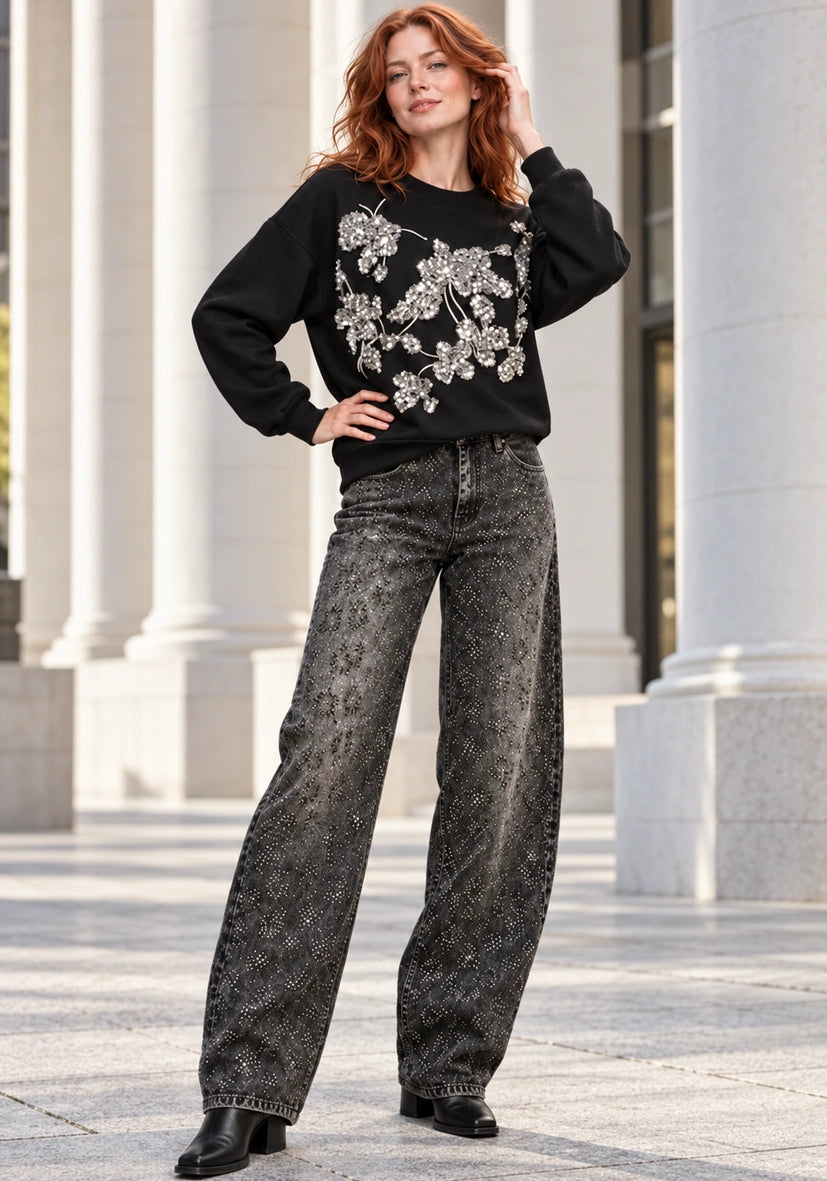 Roundneck Floral Paillette - schwarz