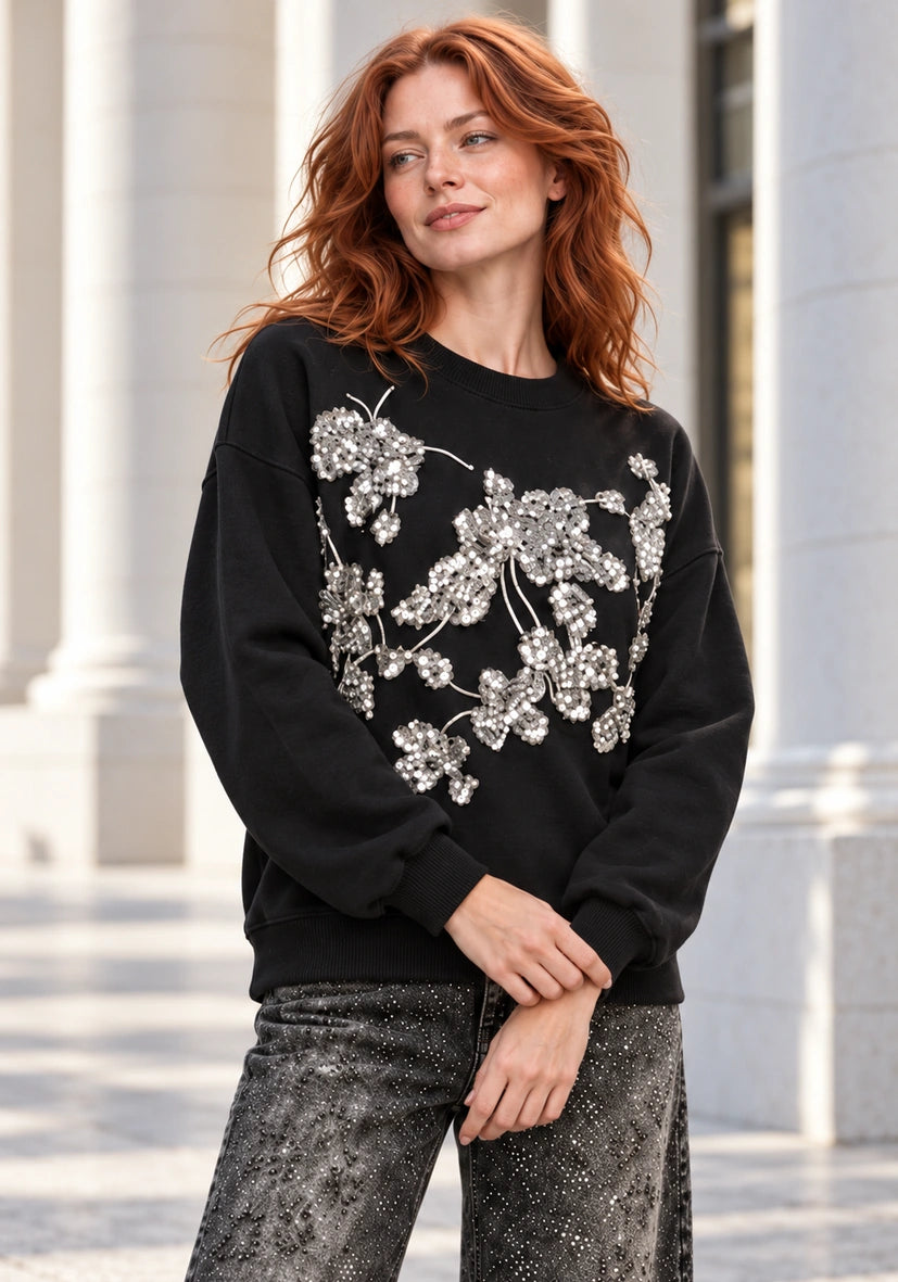 Roundneck Floral Paillette - schwarz