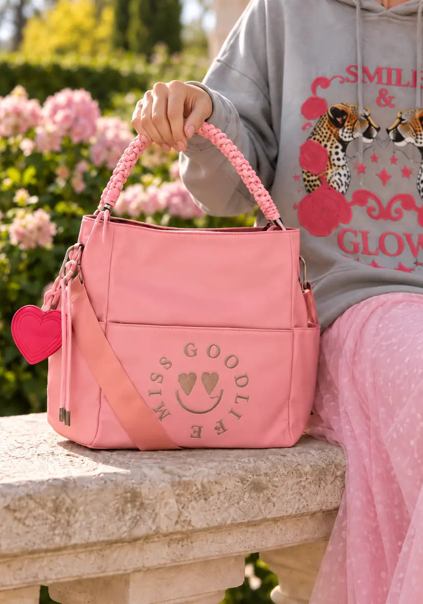 Braided Leather Bag Miss Goodlife Heartface - dust rose
