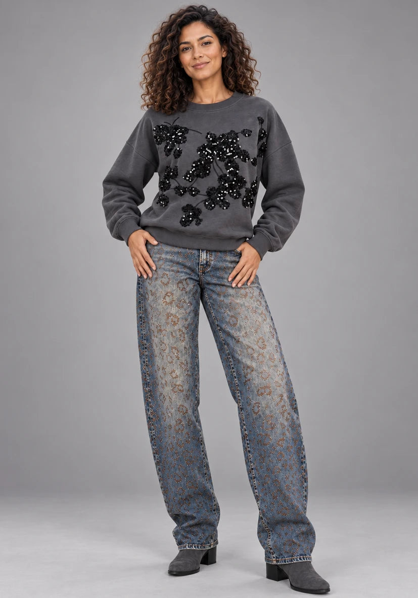 Roundneck Floral Paillette Anthrazit