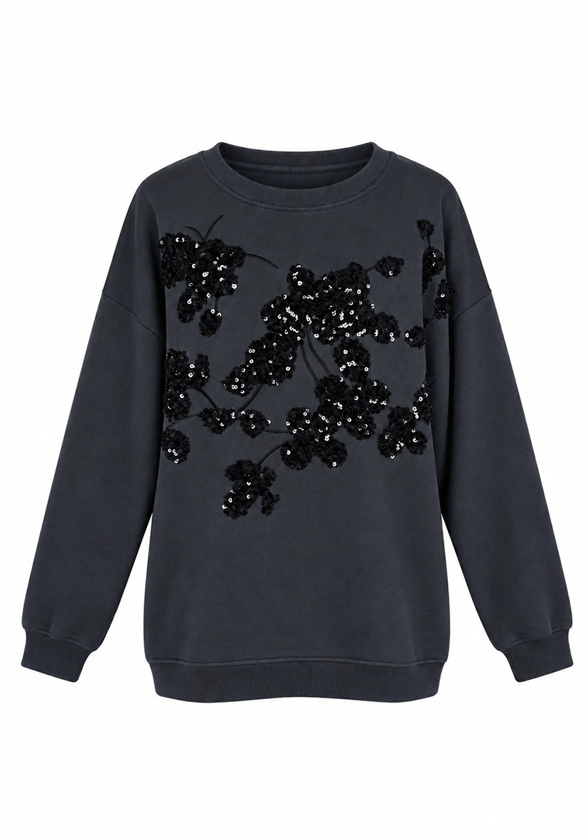 Roundneck Floral Paillette - anthrazit