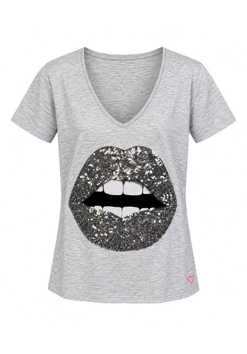 T-Shirt V-Neck sparkle lips - Grau