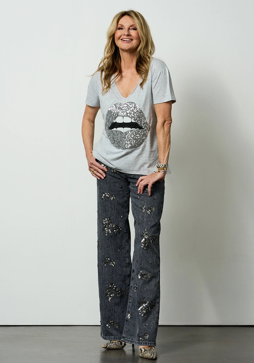 Jeans Sequin Flowers - grau