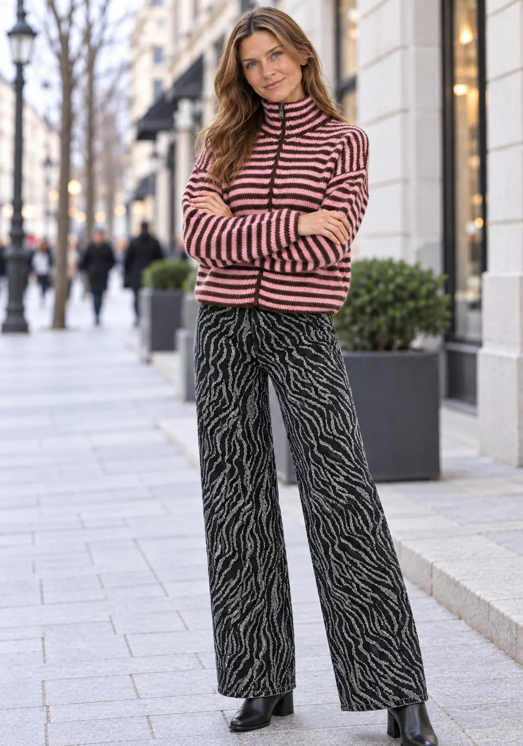 Strickjacke Stripes - braun/flashrose